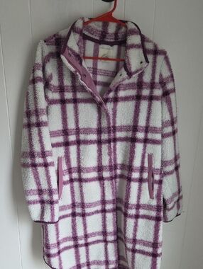 White and Purple Plaid Teddy Jacket - Women's Sherpa Coat